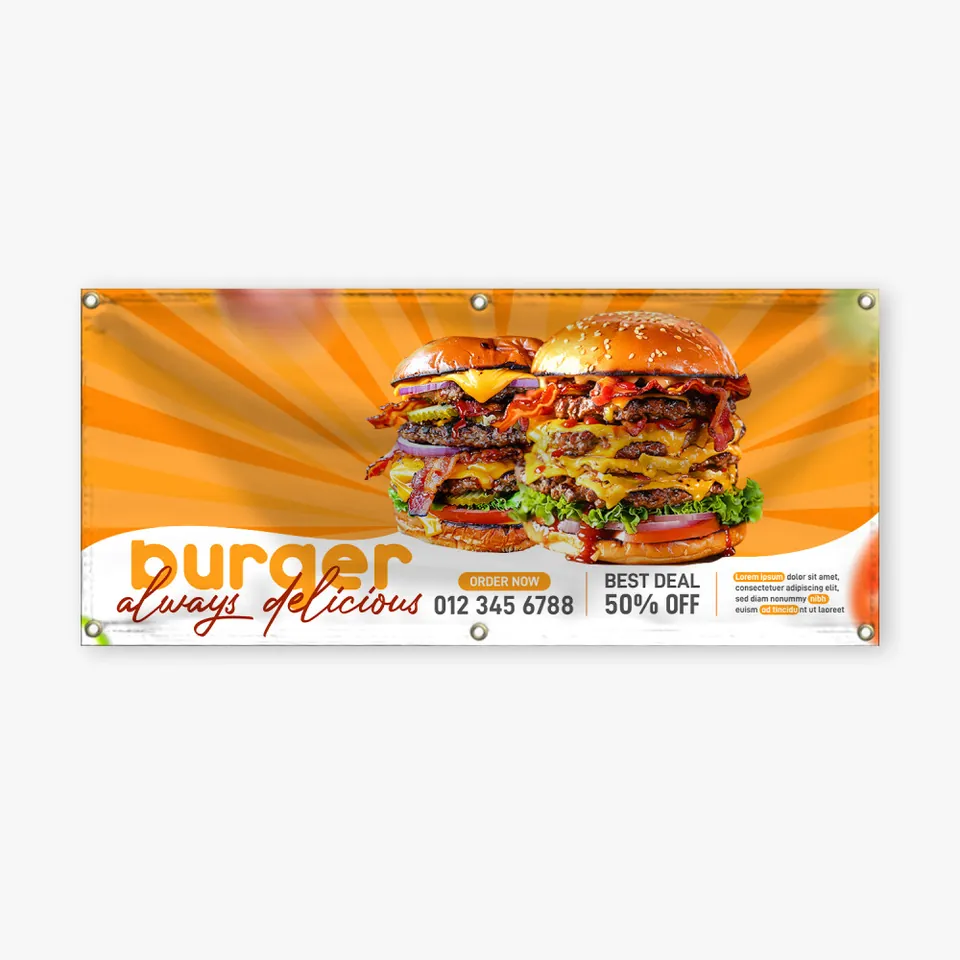 13 oz scrim vinyl banner, hemmed with grommets